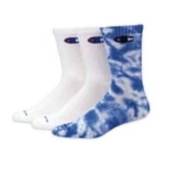 Champion Crew Sock 3 Pair Men’s 6-12 Blue White Tie Dye w Logos Cushioned NEW$17 - Picture 3 of 12